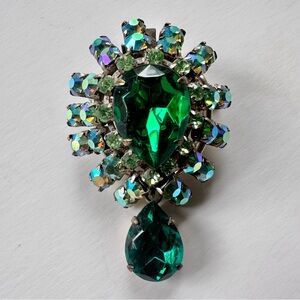 Vintage 1950s Christian Dior Aurora Borealis & Emerald Rhinestone Drop Brooch